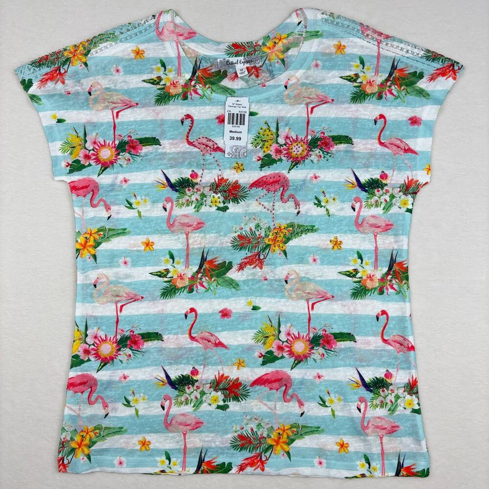 Casual Express Multicolor Striped Flamingo Tropical Cap Sleeve Top NWT Medium